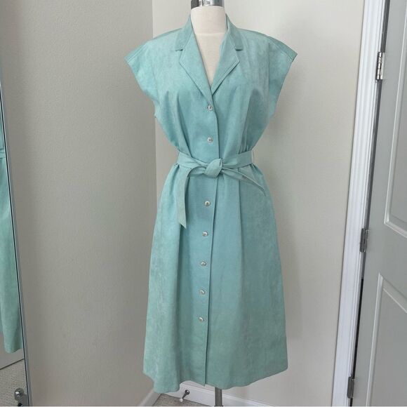 Seafoam Green Suede MIDI Dress with Tie VINTAGE 12 - Picture 1 of 13